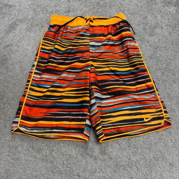 Nike Swim Trunks Unlined Shorts Mens Small Orange Striped Swimwear Active Beach - Picture 1 of 12